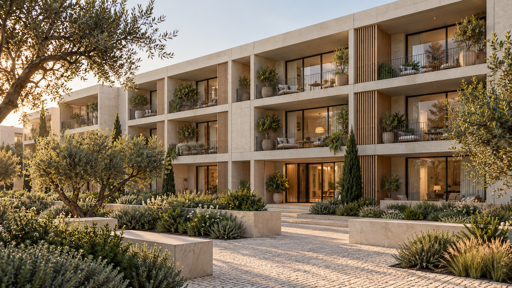 Visualização conceptual de um edifício multifamiliar em betão com três pisos, varandas e jardim comum